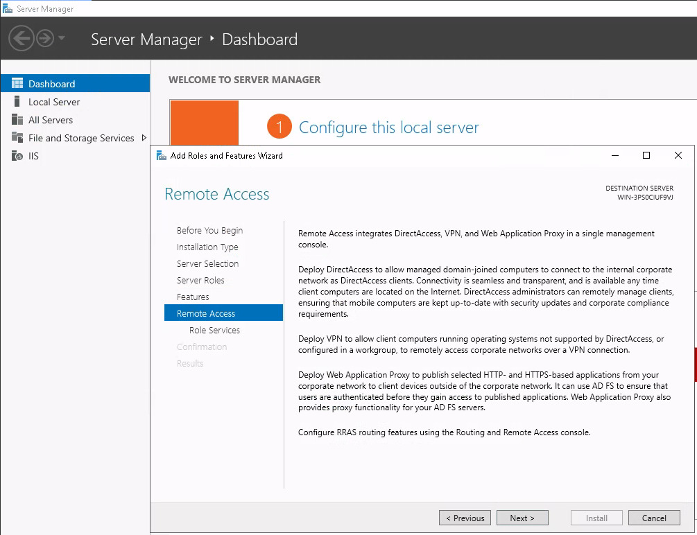 Installing the Remote Access role from Server Manager (continued)